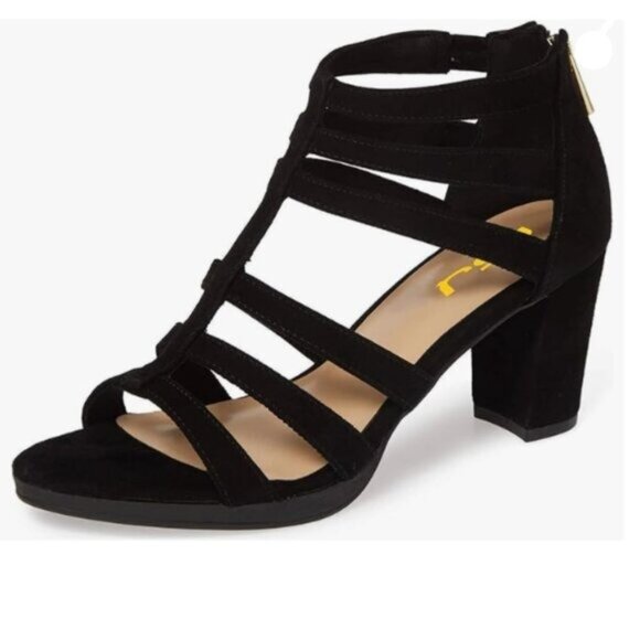 FSJ Black Chunky High Heel Sandals Open Toe T-Strap Cutout Back Zipper Shoes - Picture 1 of 8